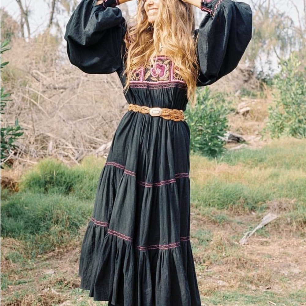 CHASING UNICORNS Four Strong Winds Black Embroidered Dress Boho Festival Size S